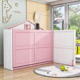 Best Kids Horizontal Twin House Murphy Bed Cabinet with Shelves - Pink