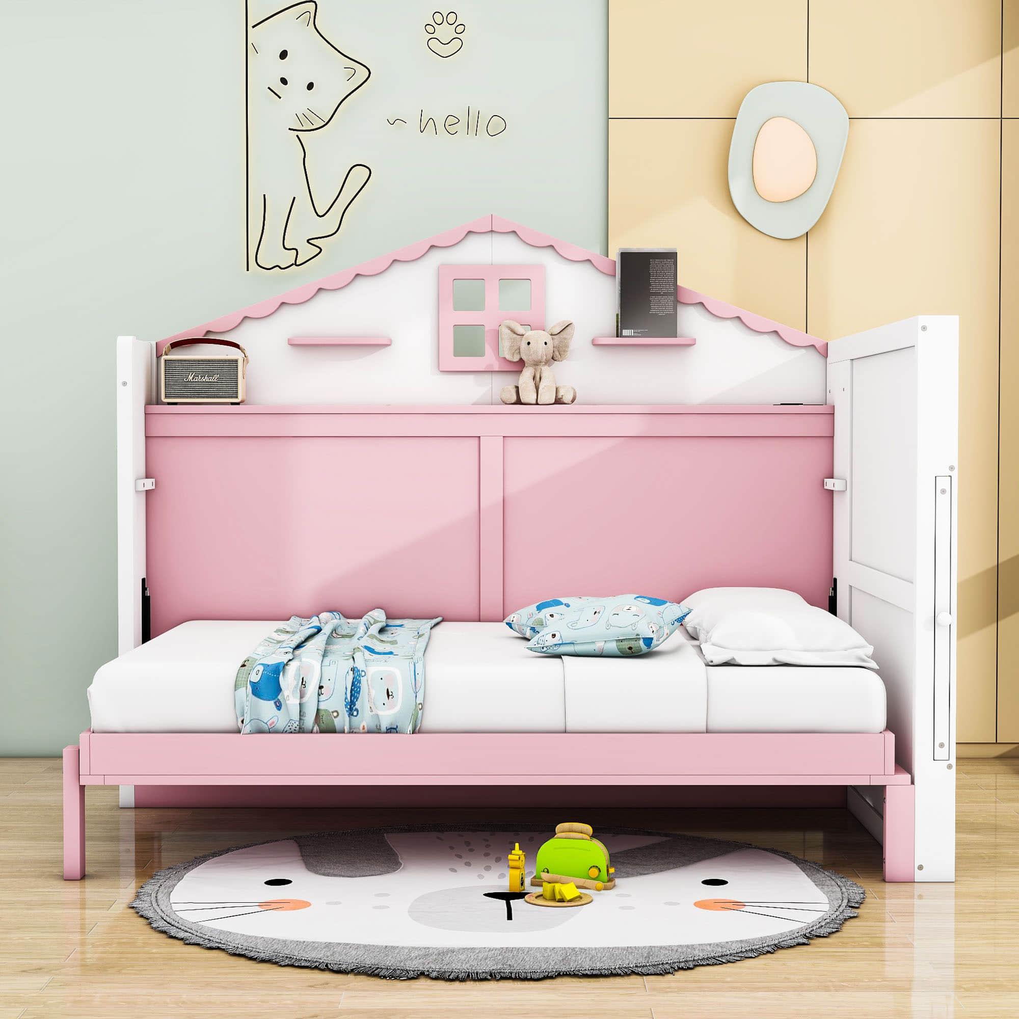 Best Kids Horizontal Twin House Murphy Bed Cabinet with Shelves - Pink