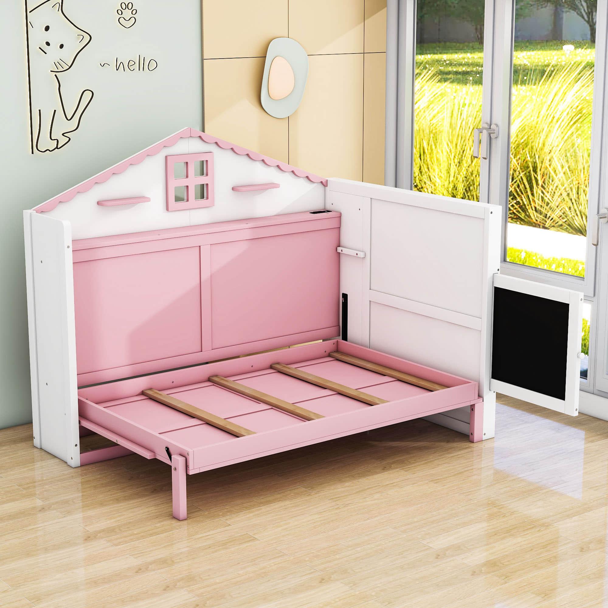 Best Kids Horizontal Twin House Murphy Bed Cabinet with Shelves - Pink