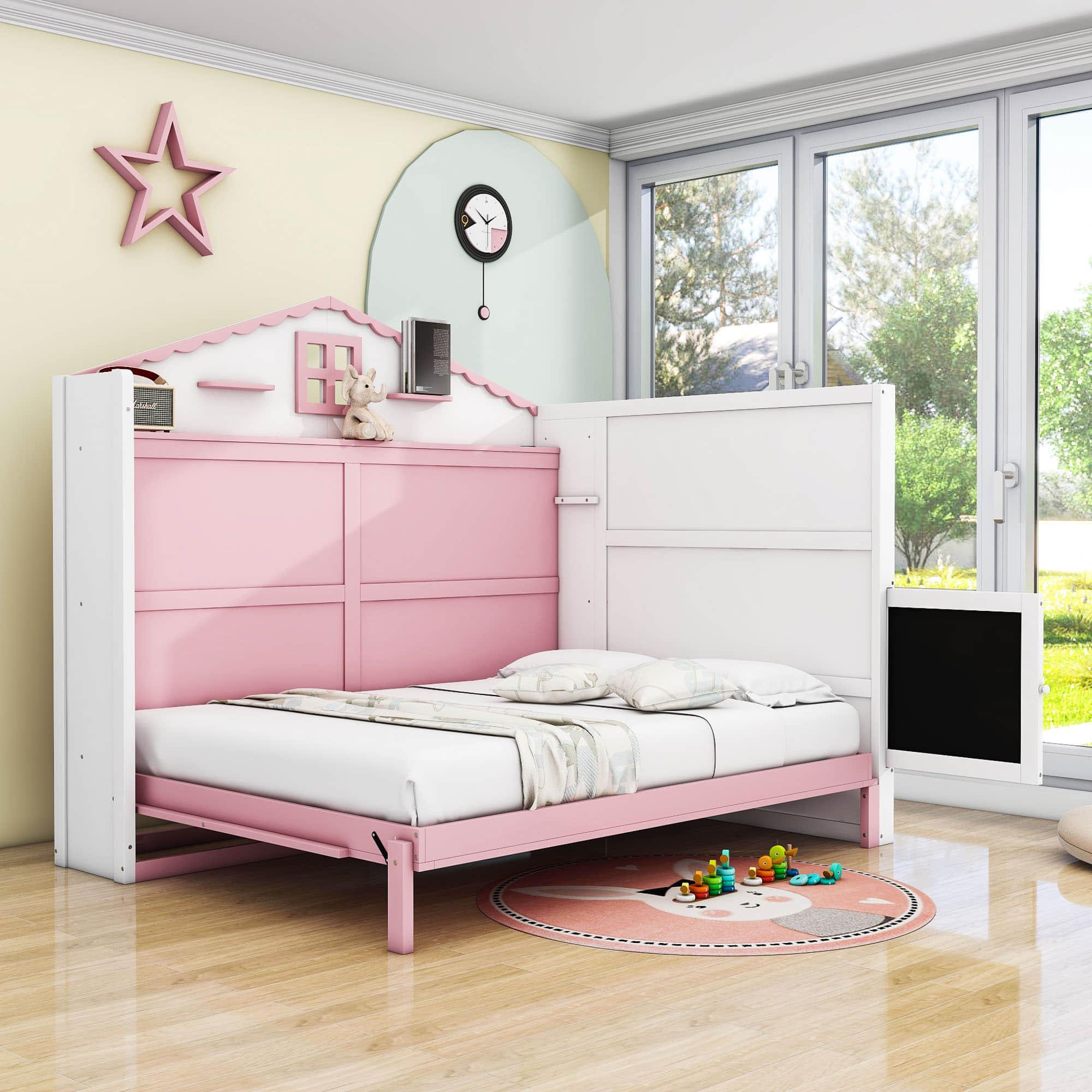 Best Kids Full Size Horizontal House Murphy Bed Cabinet with Shelves - Pink