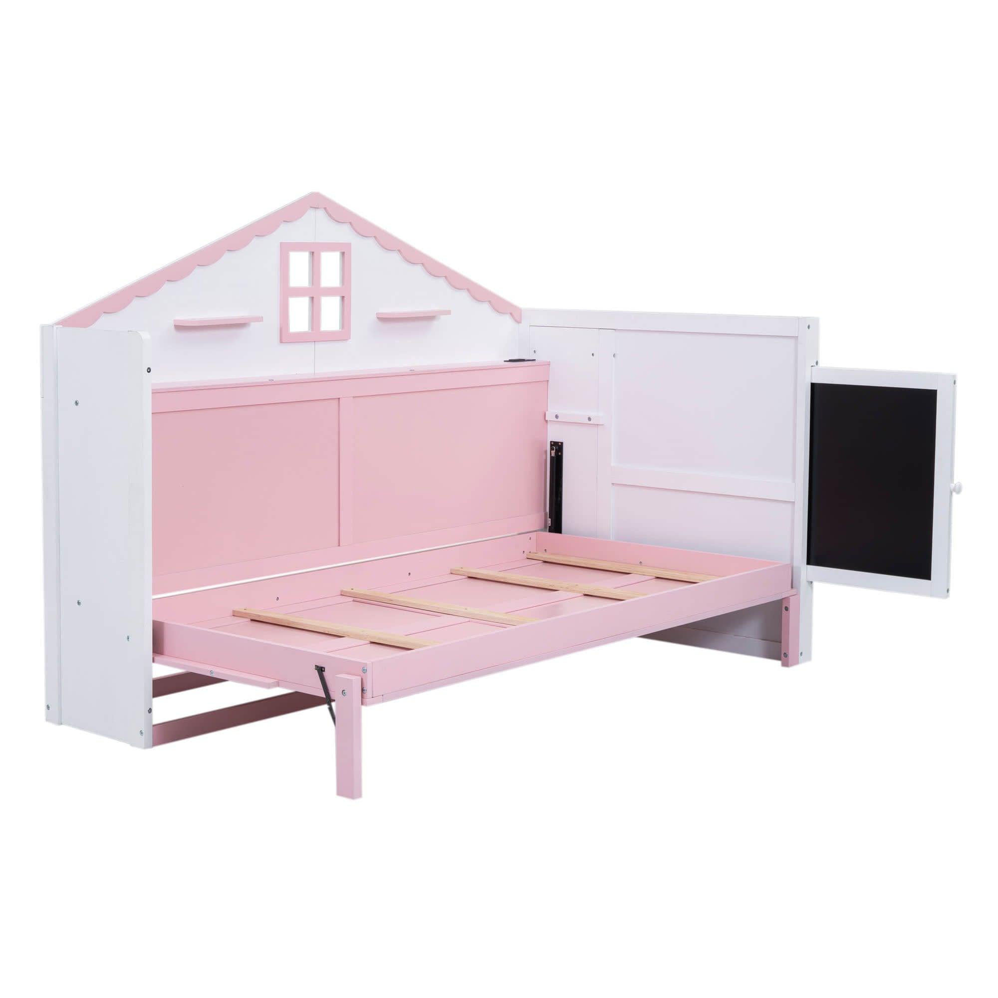 Best Kids Horizontal Twin House Murphy Bed Cabinet with Shelves - Pink