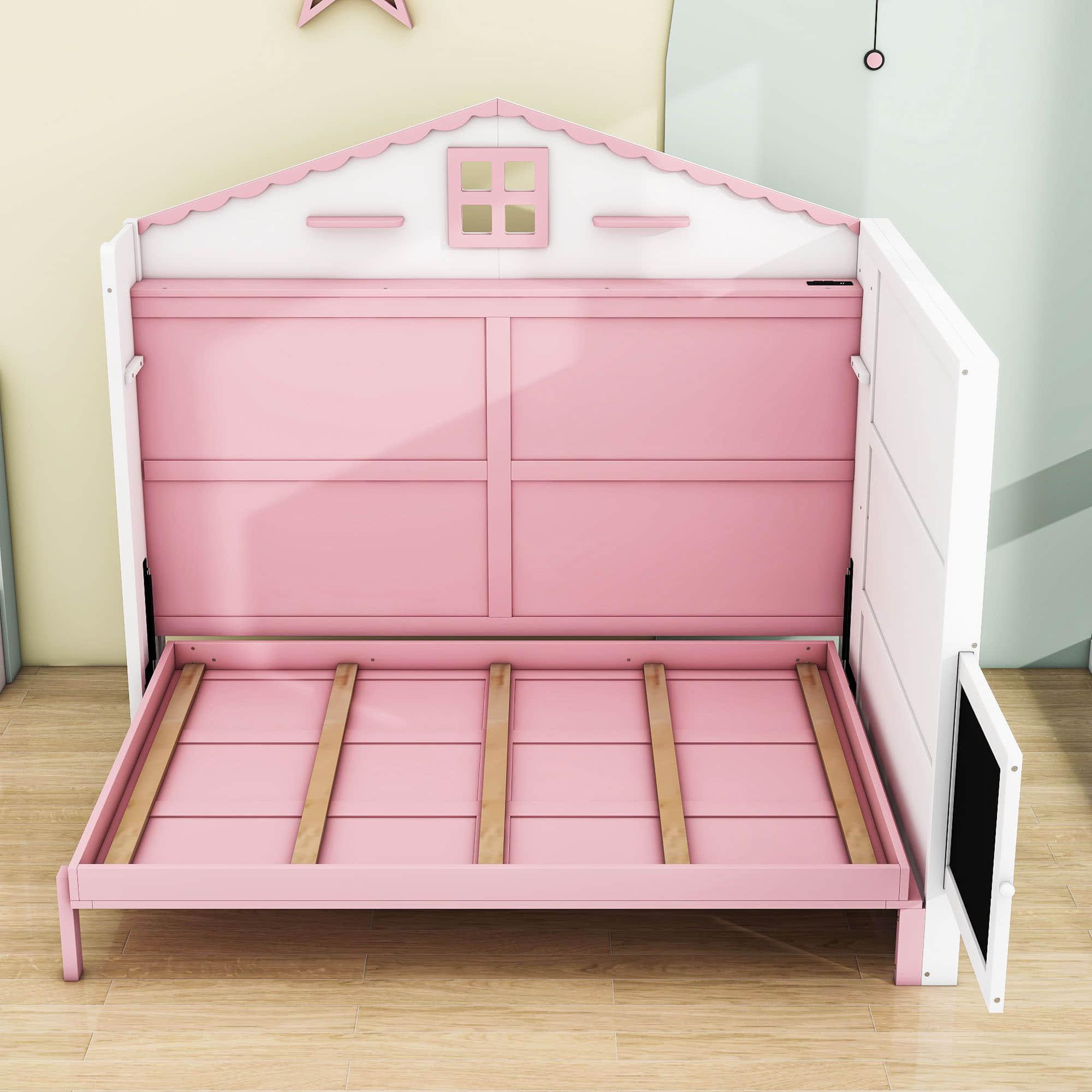 Best Kids Full Size Horizontal House Murphy Bed Cabinet with Shelves - Pink