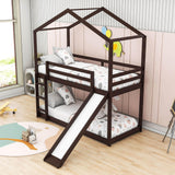 Low Fun Twin Over Twin House Bunk Beds for Kids with Slide - [Floor]