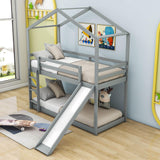 Low Fun Twin Over Twin House Bunk Beds for Kids with Slide - [Floor]