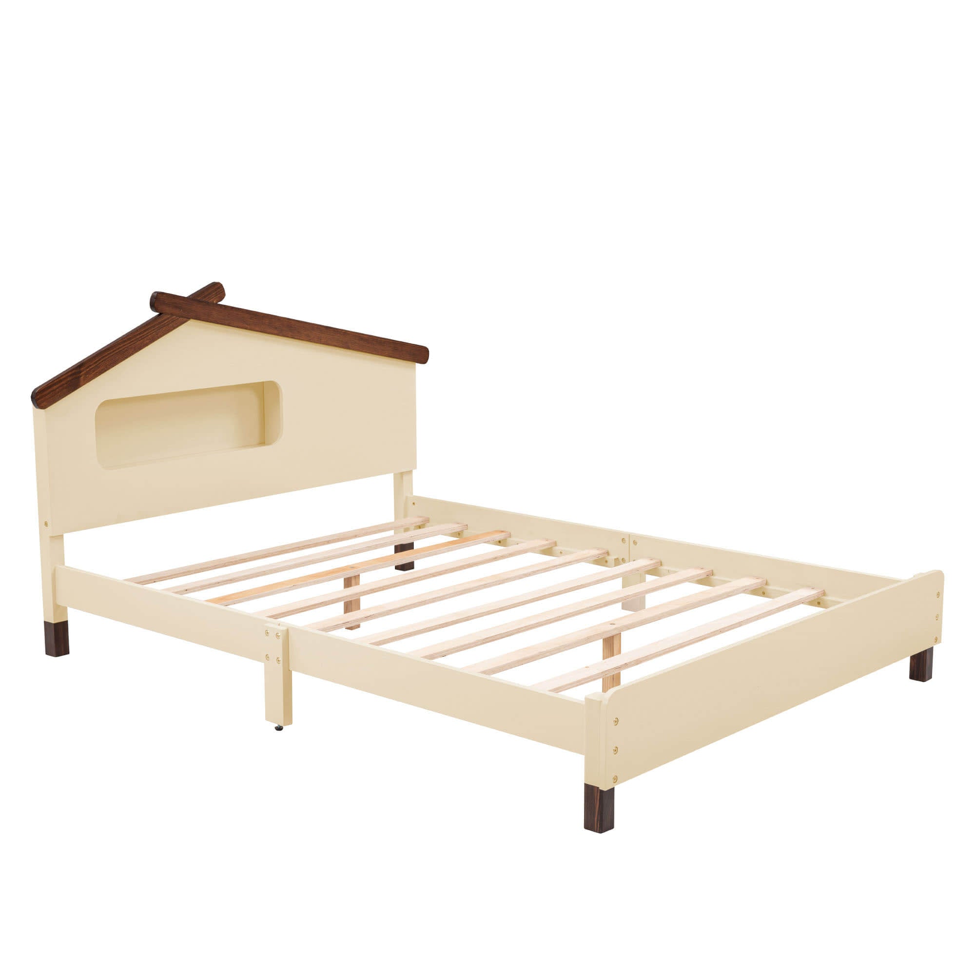 Kids Full Wood Platform Bed with House-Shaped Headboard and LED Lights