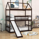 Twin Over Twin Low House Bunk Bed with Slide and Ladder - [Floor, Interchangeable]