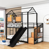 Kids Low Twin Over Twin House Metal Bunk Beds with Stairs and Slide