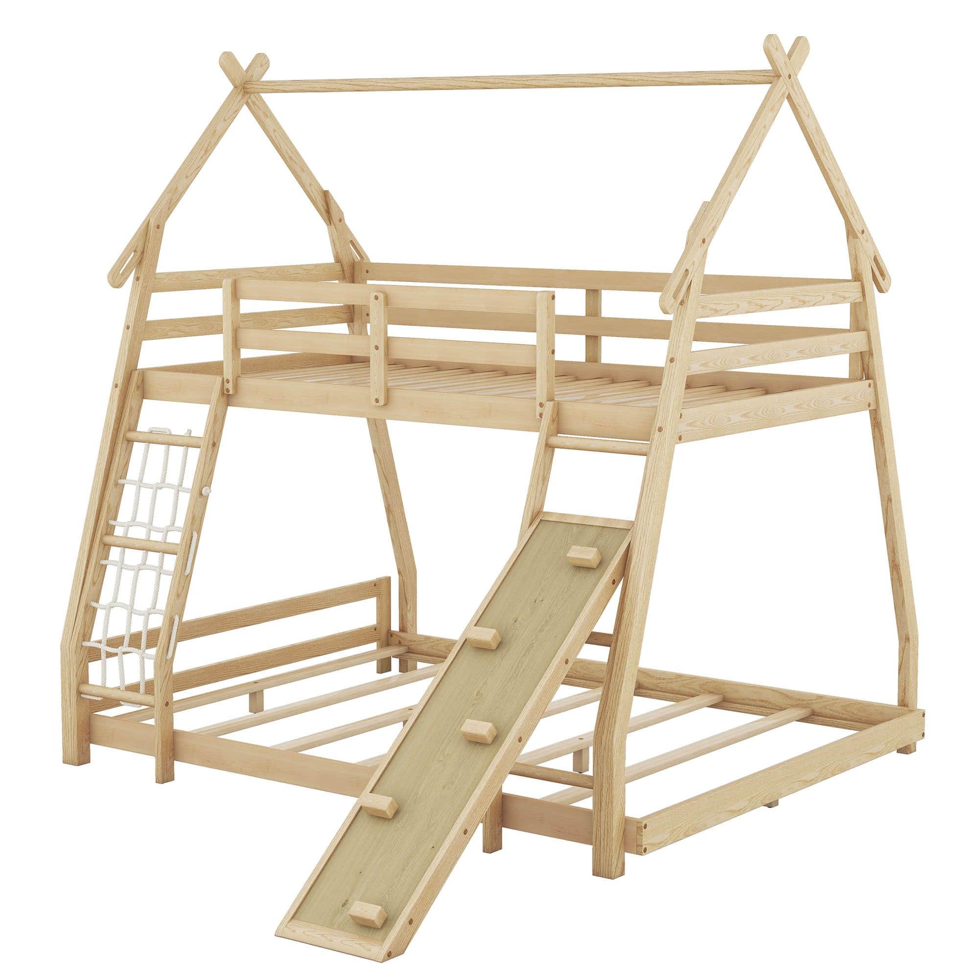 Low Twin Over Queen House Bunk Beds with Climbing Ramp & Nets - [Wooden]