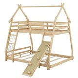 Low Twin Over Queen House Bunk Beds with Climbing Ramp & Nets - [Wooden]