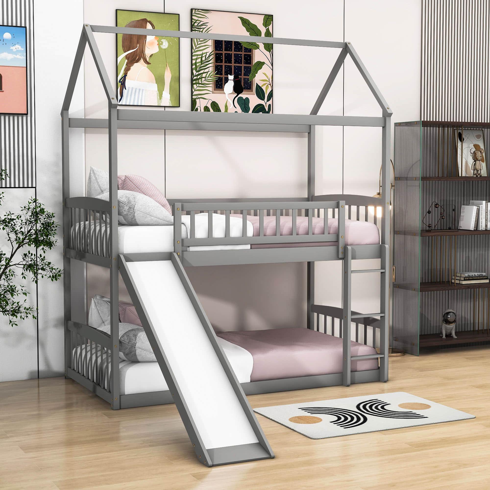 Twin Over Twin Low House Bunk Bed with Slide and Ladder - [Floor, Interchangeable]