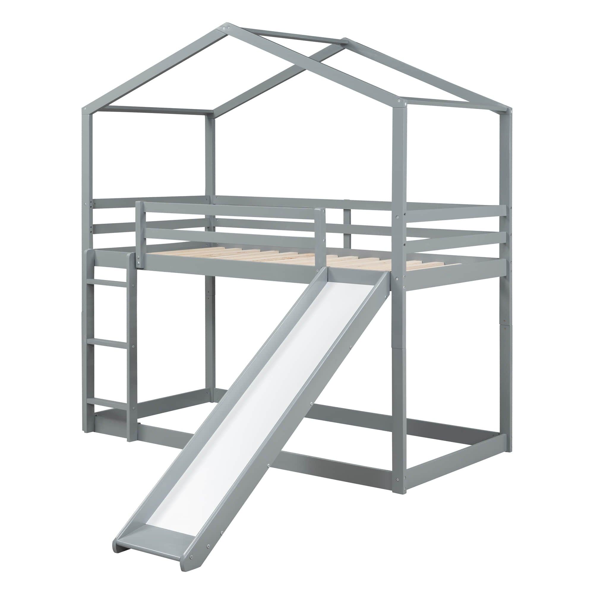 Low Fun Twin Over Twin House Bunk Beds for Kids with Slide - [Floor]