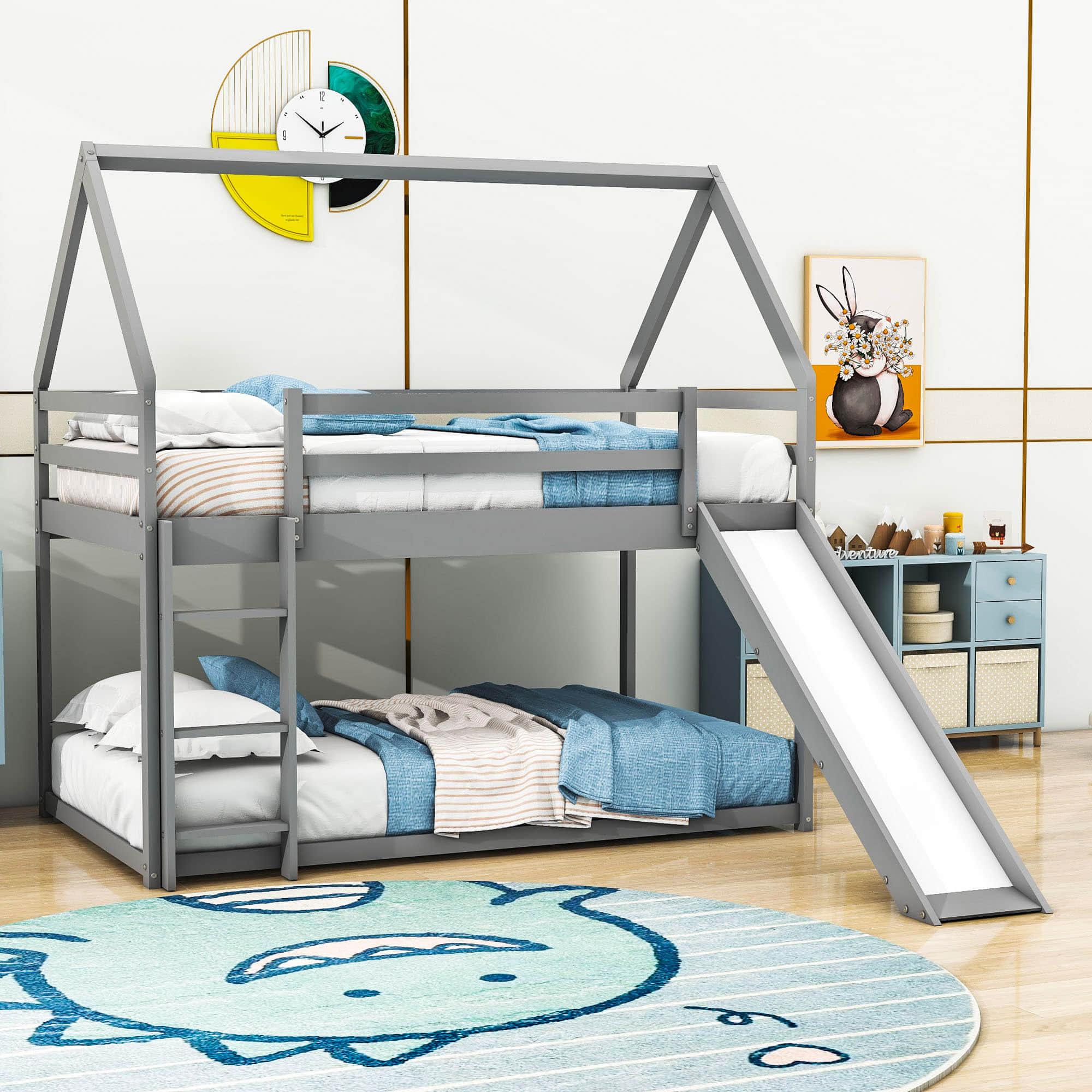 Twin Over Twin House Low Bunk Bed with Slide and Ladder - [Floor, Wood]