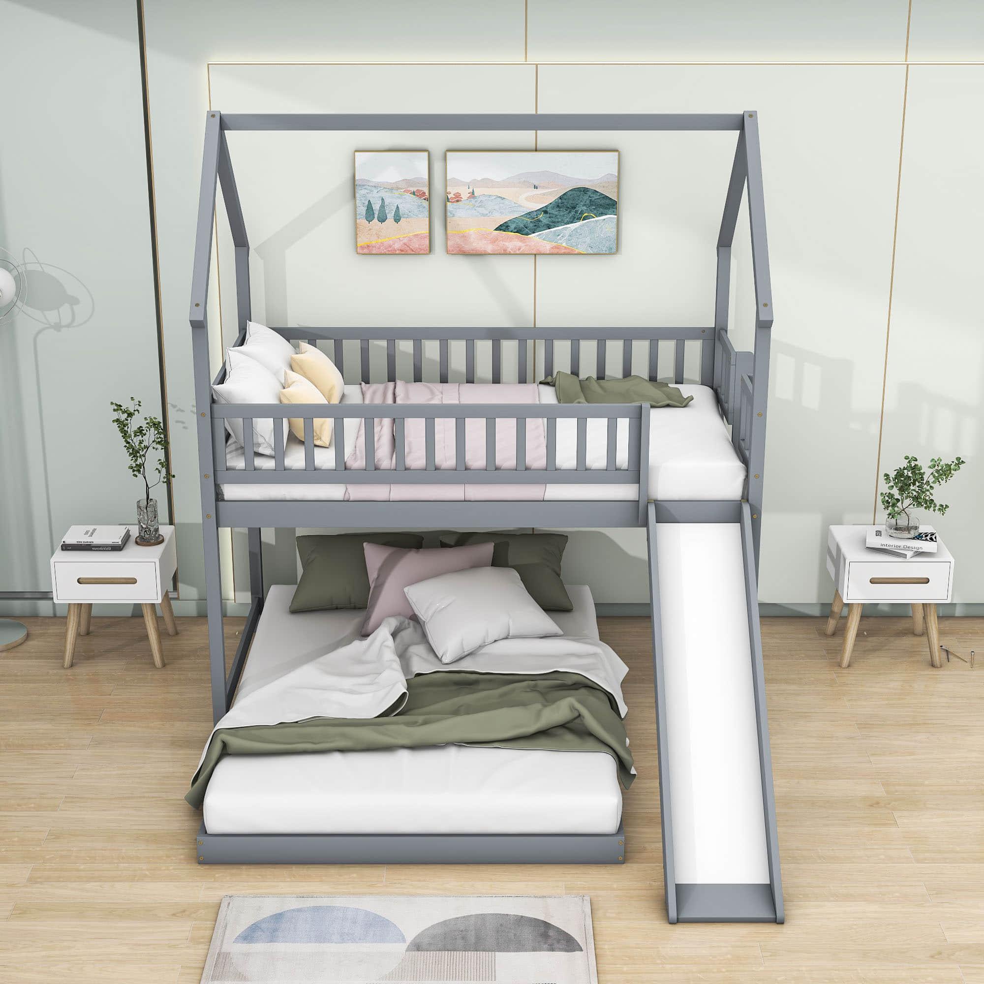 Modern Low Twin Over Full House Bunk Beds with Slide for Kids - [Wooden, Floor, L-Shaped]