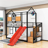 Kids Low Twin Over Twin House Metal Bunk Beds with Stairs and Slide