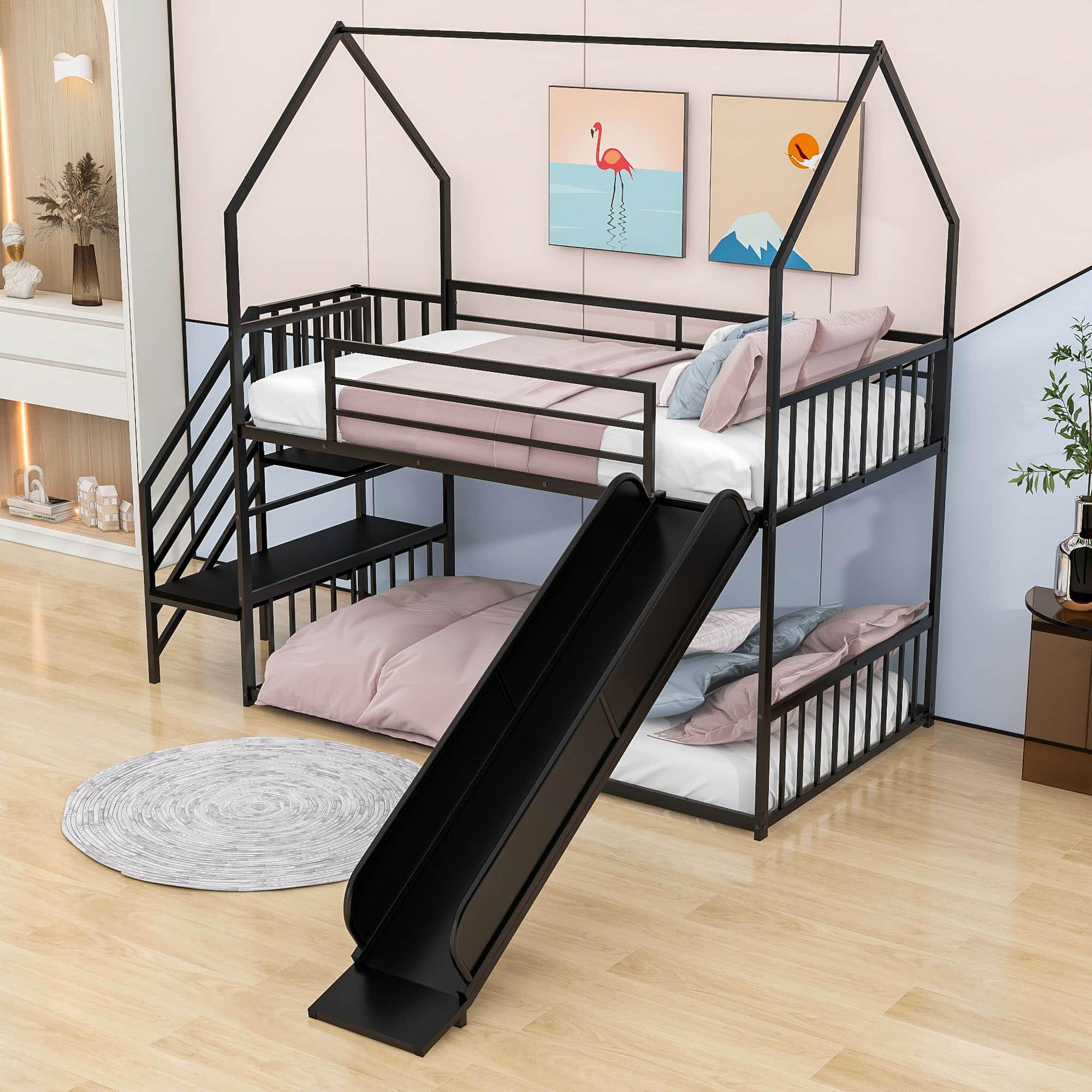 Metal House Twin Loft Bunk Beds for Kids with Stairs and Slide - [Low]