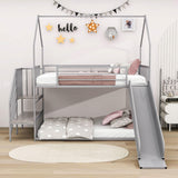 Metal House Twin Loft Bunk Beds for Kids with Stairs and Slide - [Low]