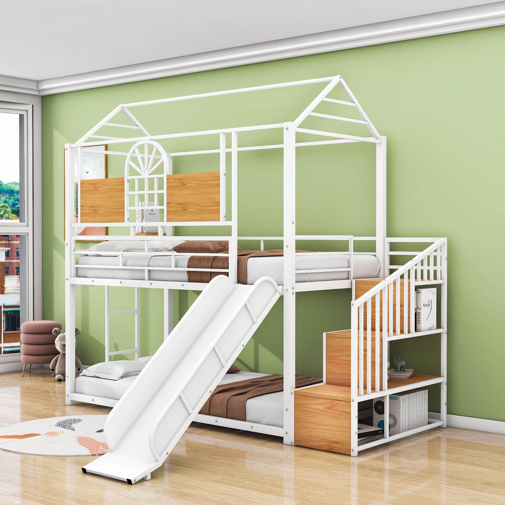 Kids Low Twin Over Twin House Metal Bunk Beds with Stairs and Slide