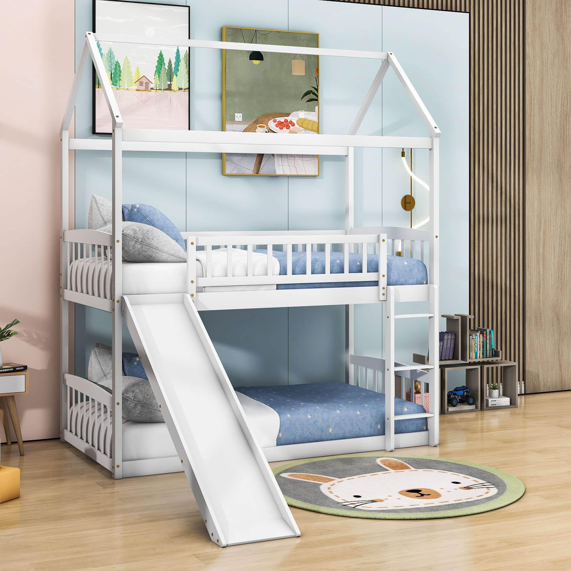 Twin Over Twin Low House Bunk Bed with Slide and Ladder - [Floor, Interchangeable]