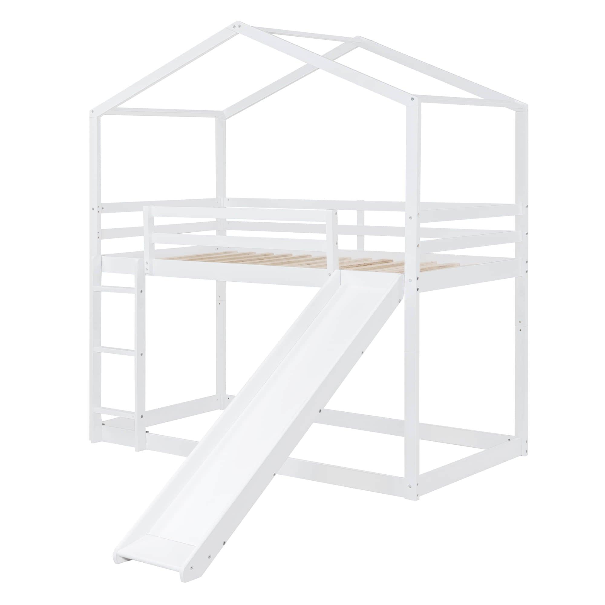 Low Fun Twin Over Twin House Bunk Beds for Kids with Slide - [Floor]