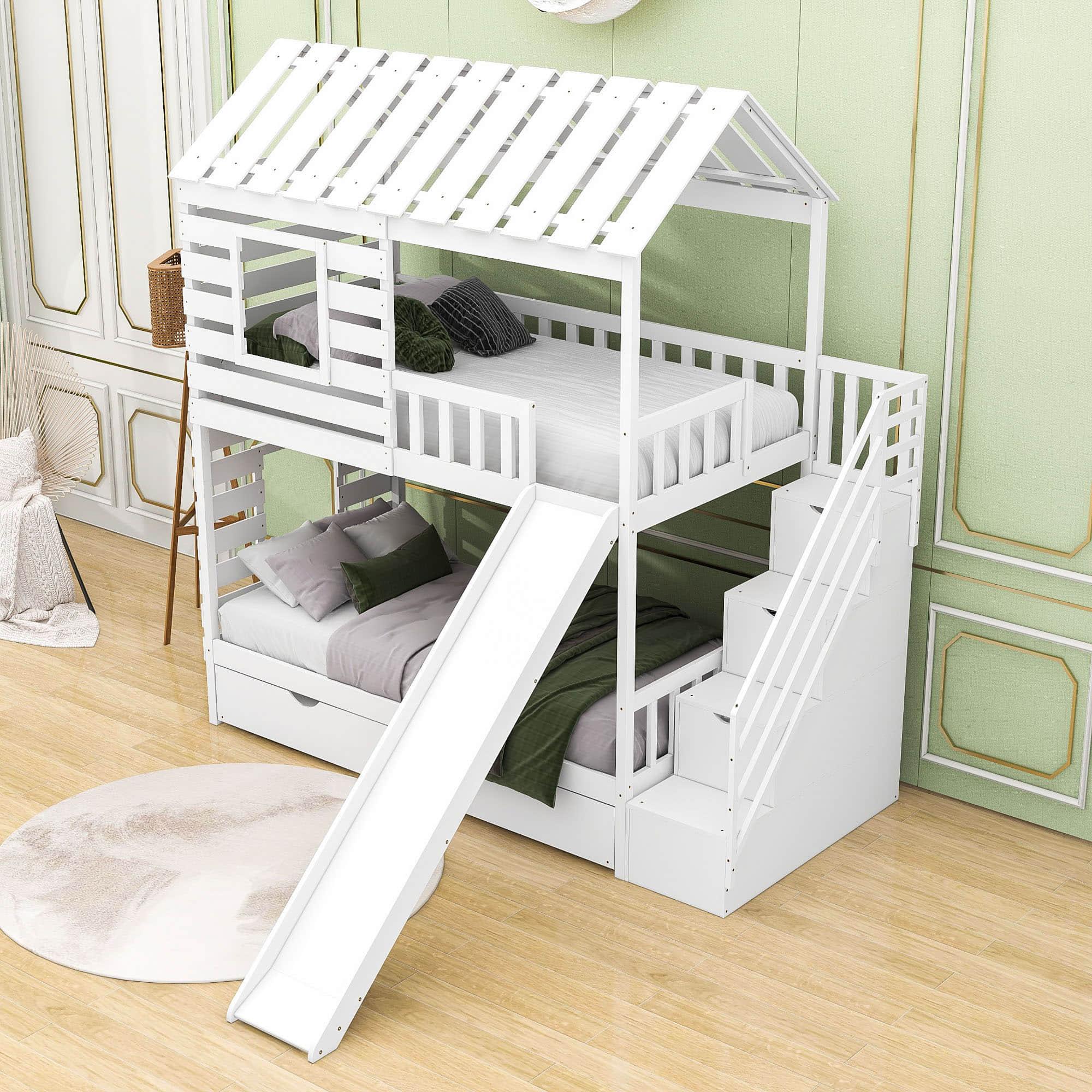 Twin Over Twin House Bunk Beds with Slide and Stairs, Trundle for Kids - [Wooden]