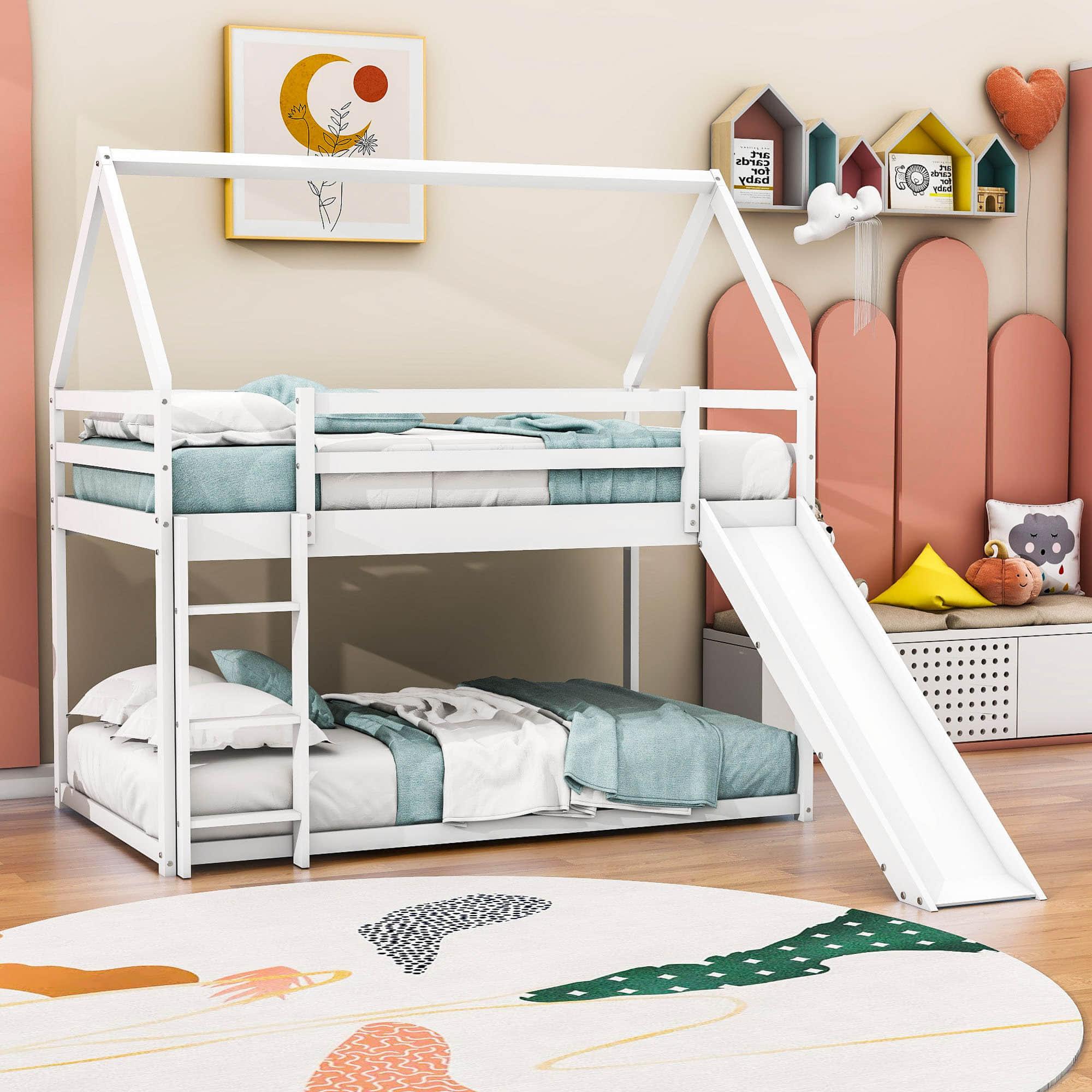 Twin Over Twin House Low Bunk Bed with Slide and Ladder - [Floor, Wood]