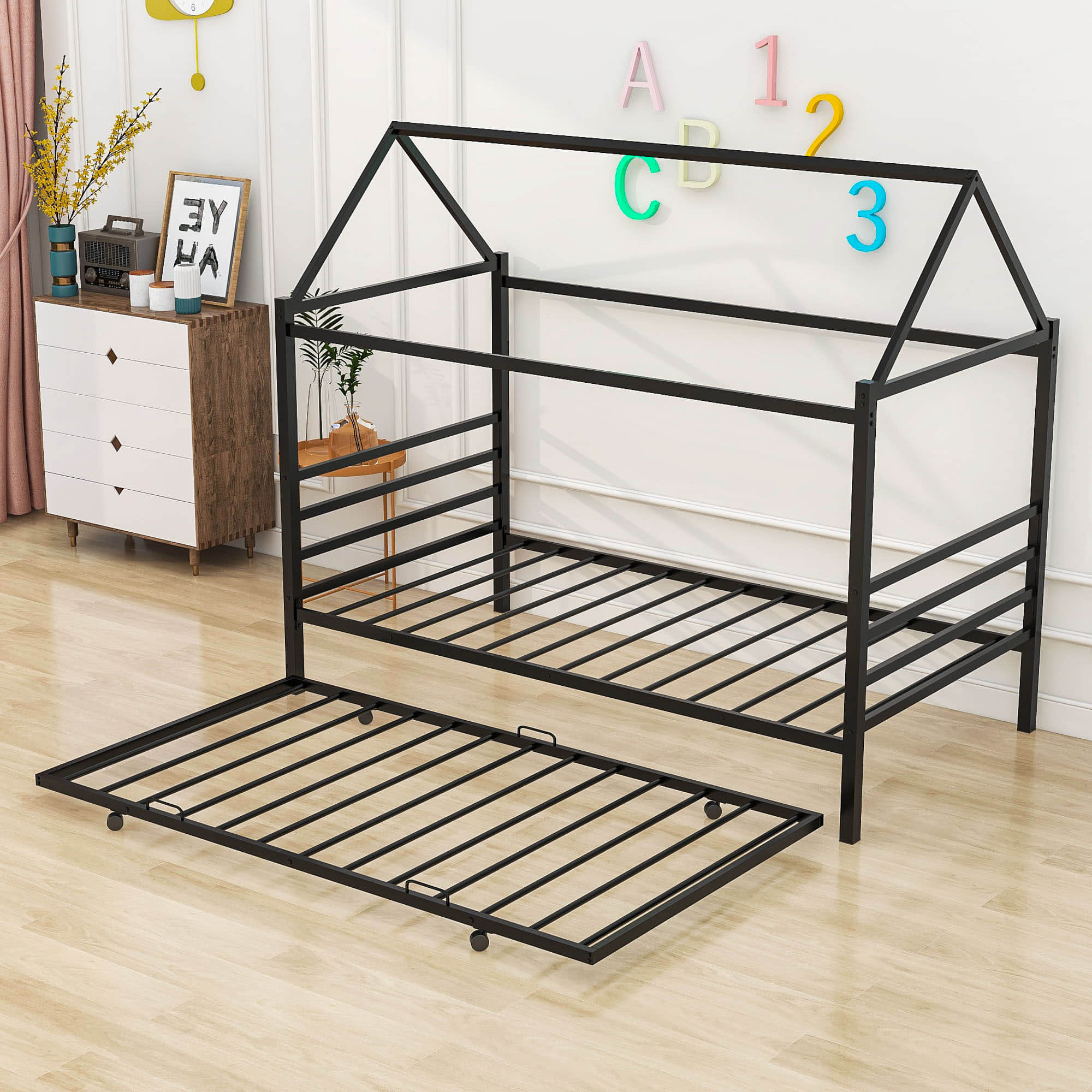 Metal Twin House Bed Frame with Twin Trundle Bed and Headboard