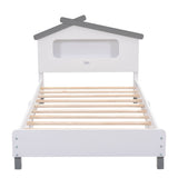 Kids Twin Platform Bed with House-Shaped Headboard and LED Lights