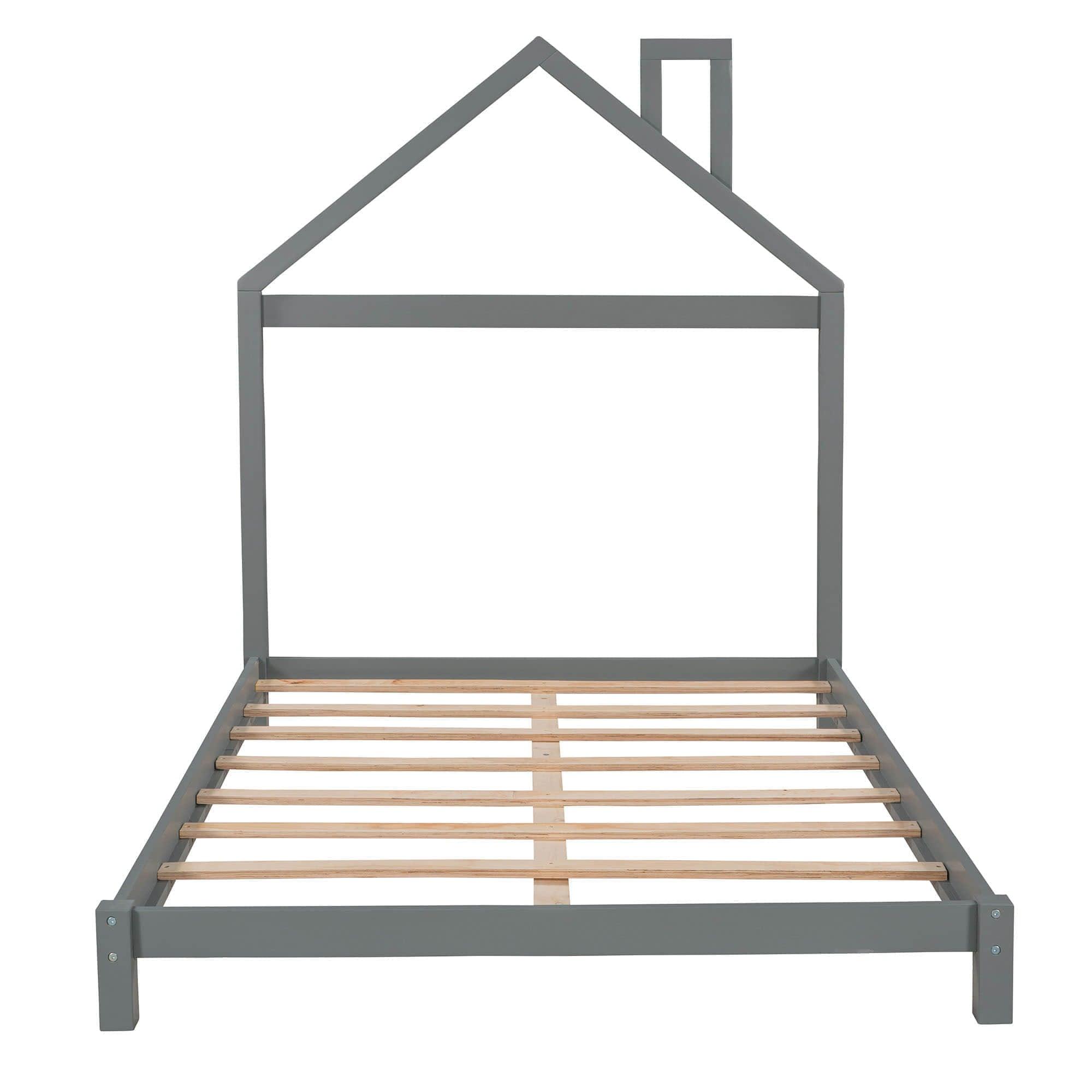 Low Full Size Wooden Toddler Bed with House-Shaped Headboard