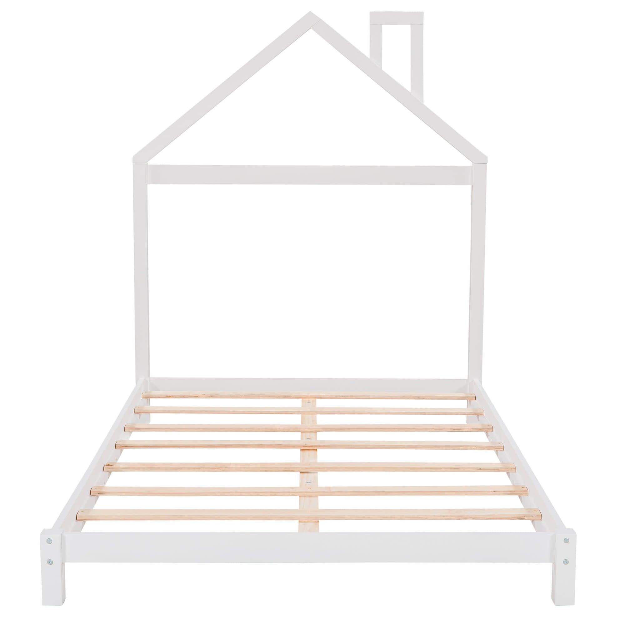 Low Full Size Wooden Toddler Bed with House-Shaped Headboard