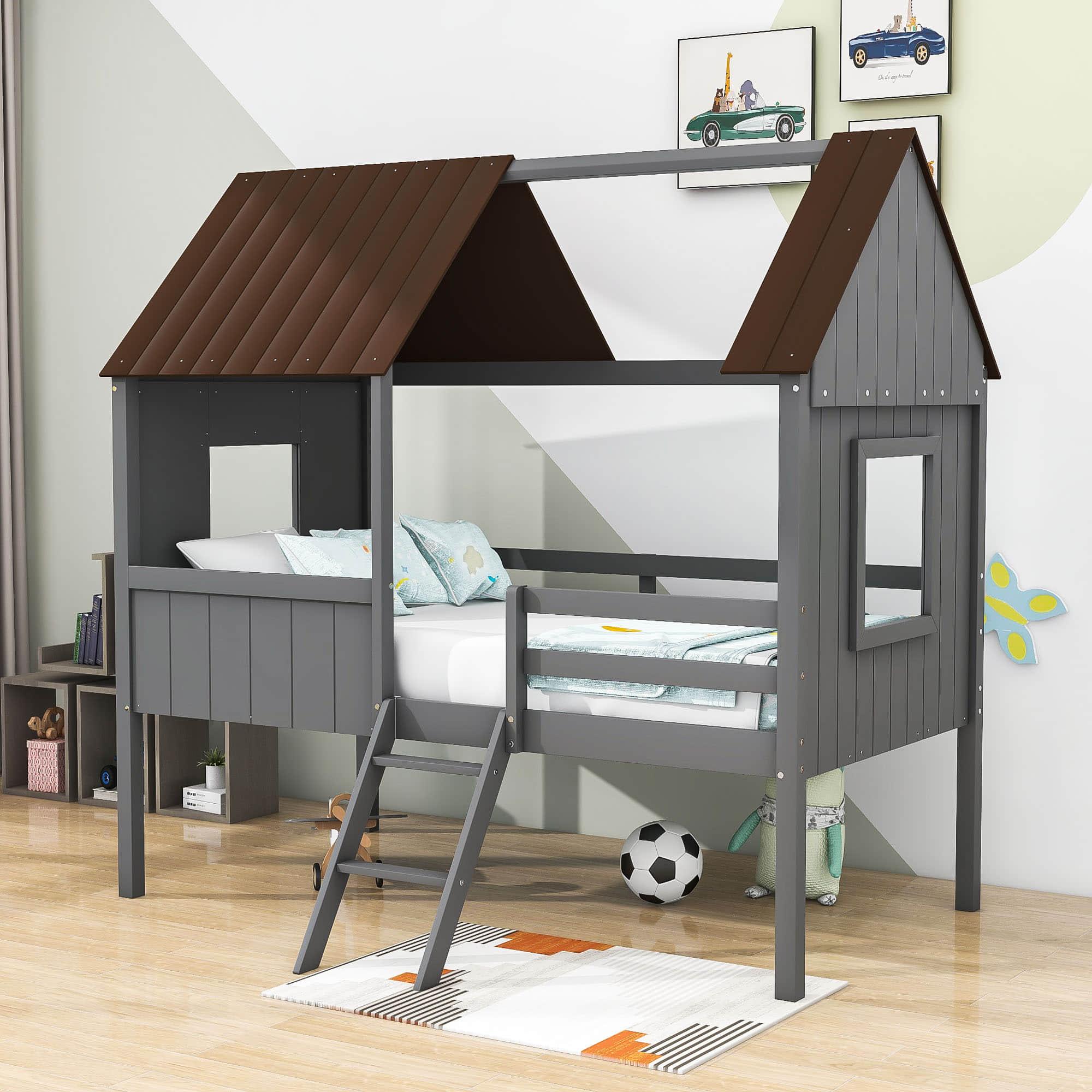 Low Twin Loft House Bed for Kids, Toddler - [Wood, Fun]