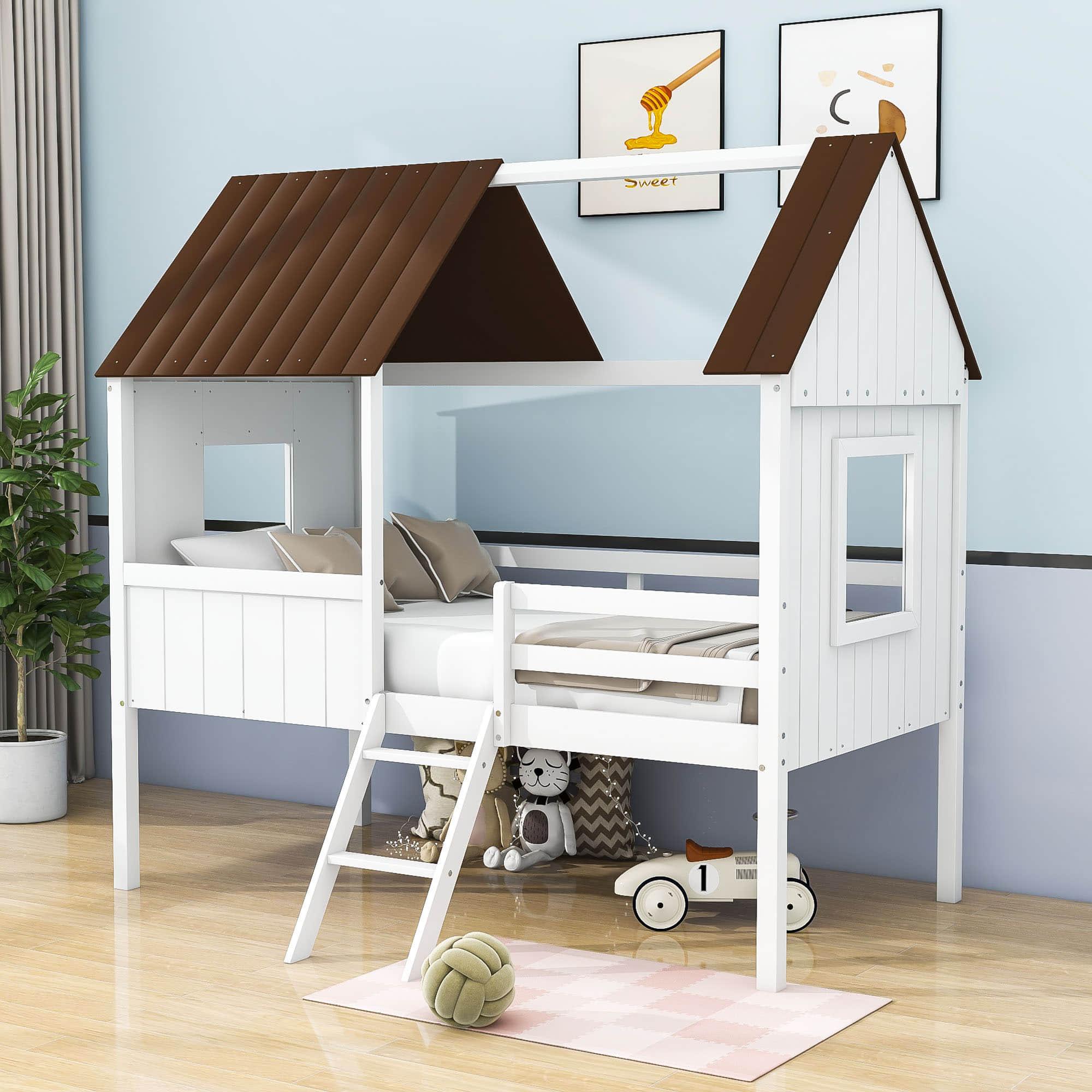 Low Twin Loft House Bed for Kids, Toddler - [Wood, Fun]