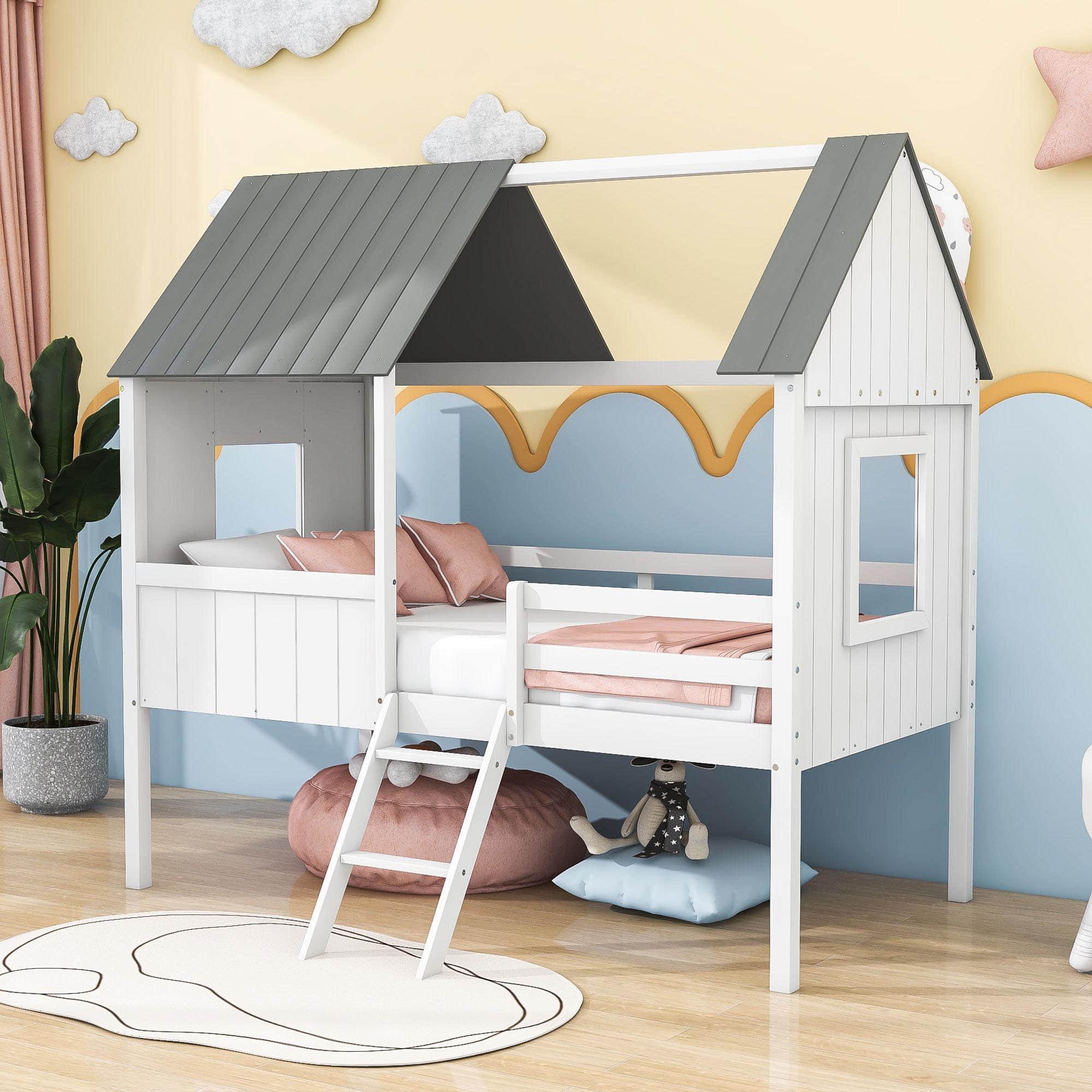 Low Twin Loft House Bed for Kids, Toddler - [Wood, Fun]