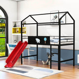 Low Metal Twin Playhouse Loft Bed with Slide, Chalkboard for Kids, Junior