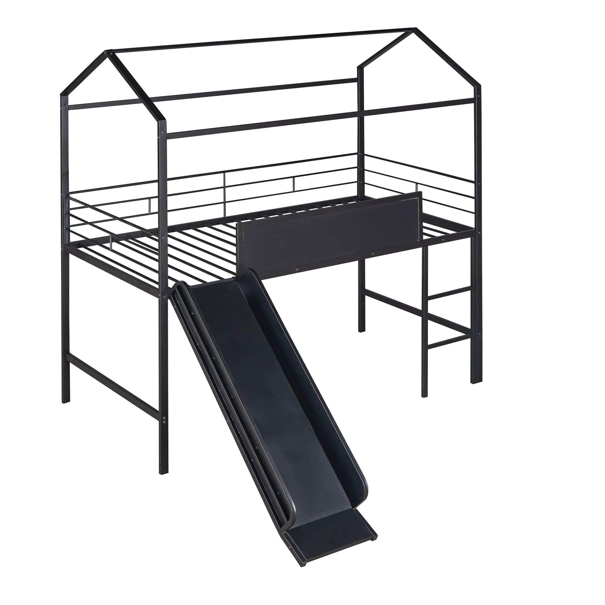 Low Metal Twin Playhouse Loft Bed with Slide, Chalkboard for Kids, Junior