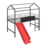 Low Metal Twin Playhouse Loft Bed with Slide, Chalkboard for Kids, Junior