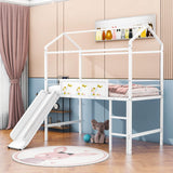 Low Metal Twin Playhouse Loft Bed with Slide, Chalkboard for Kids, Junior