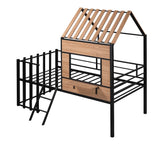 Kids Metal Low Twin Tree House Loft Bed with Window, Roof