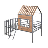 Kids Metal Low Twin Tree House Loft Bed with Window, Roof