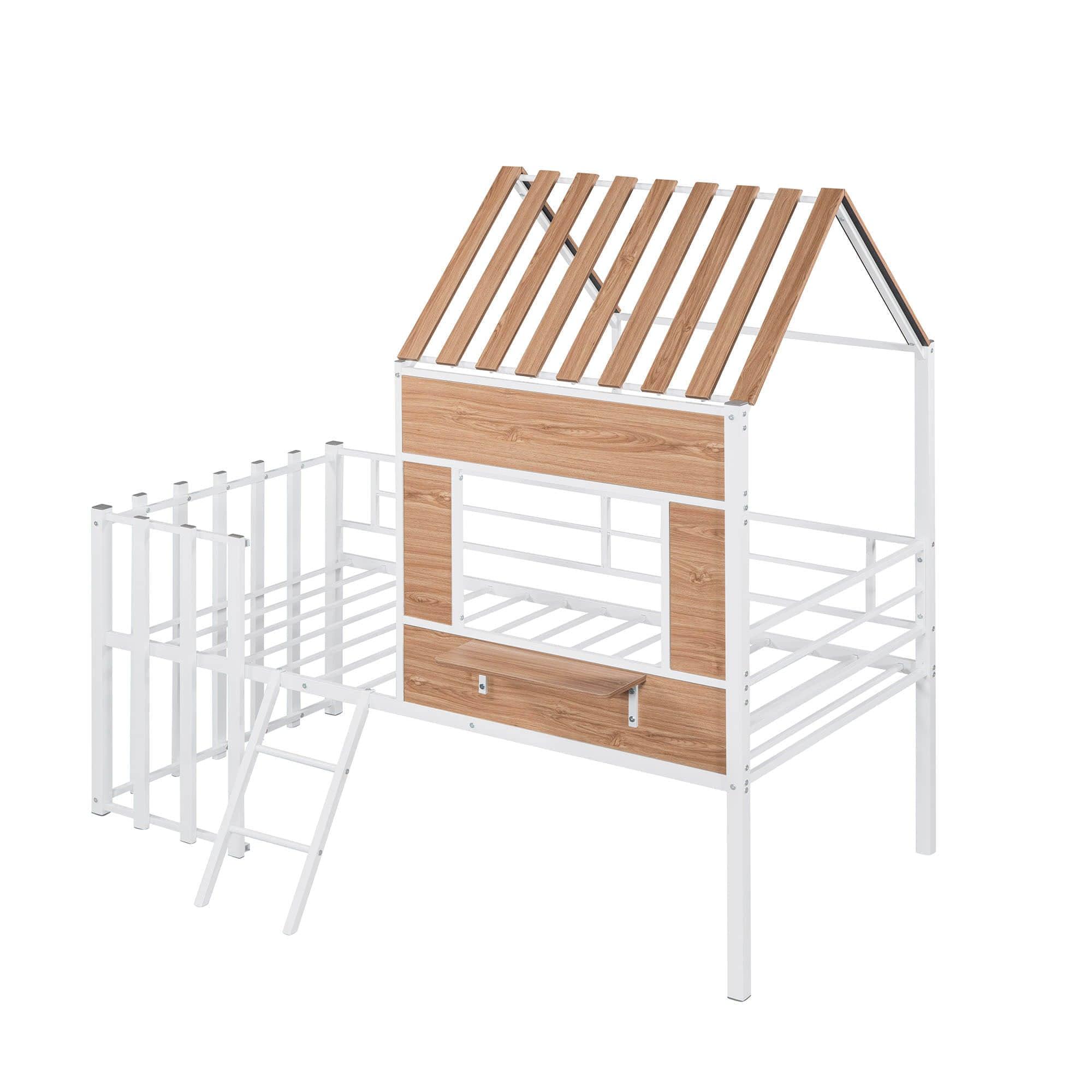 Kids Metal Low Twin Tree House Loft Bed with Window, Roof