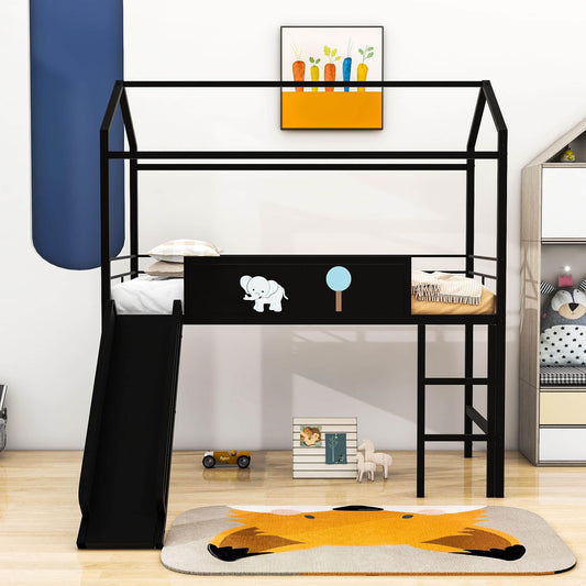 Low Metal Twin Playhouse Loft Bed with Slide, Chalkboard for Kids, Junior