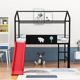 Low Metal Twin Playhouse Loft Bed with Slide, Chalkboard for Kids, Junior