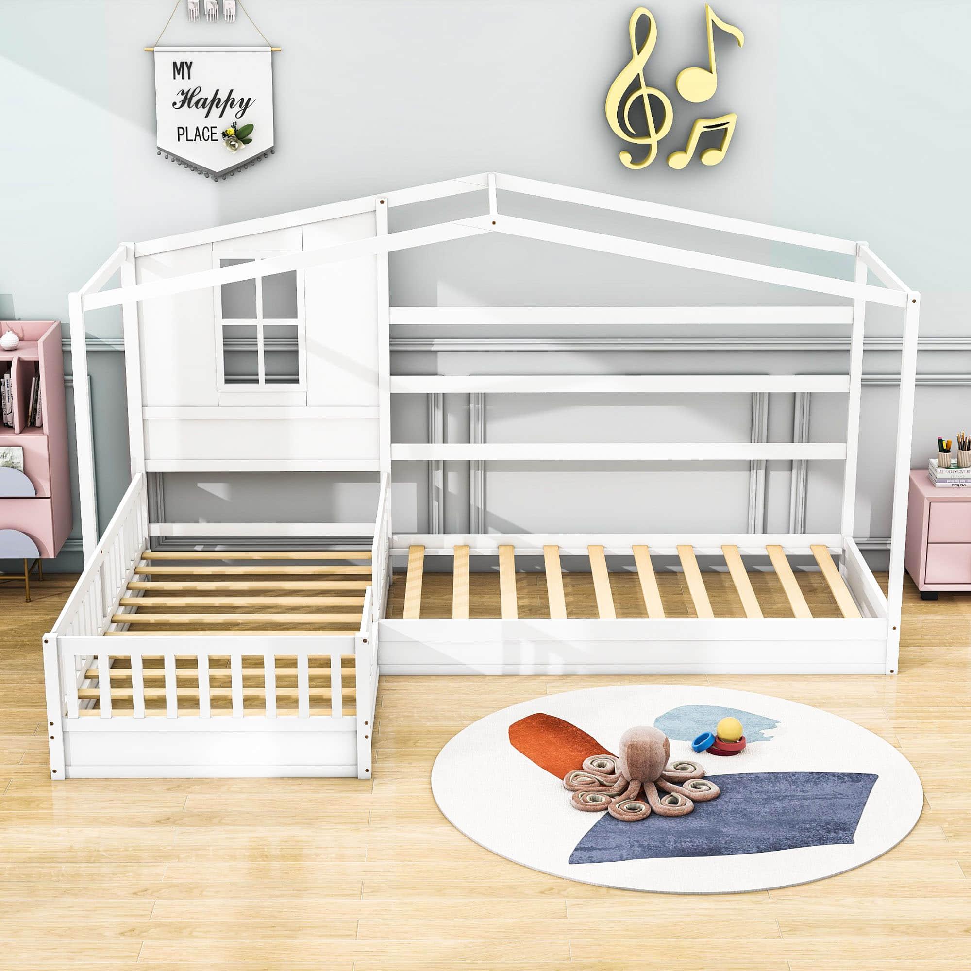 Wooden Montessori Twin Size House Double Kids Bed with Rails