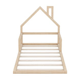 Wood Twin Toddler Floor Bed Frame with Rails and House-Shaped Headboard