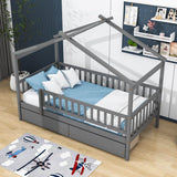 Twin Size Wood House Toddler Bed Frame with Rails and Storage