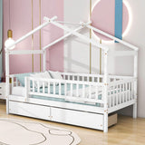 Twin Size Wood House Toddler Bed Frame with Rails and Storage