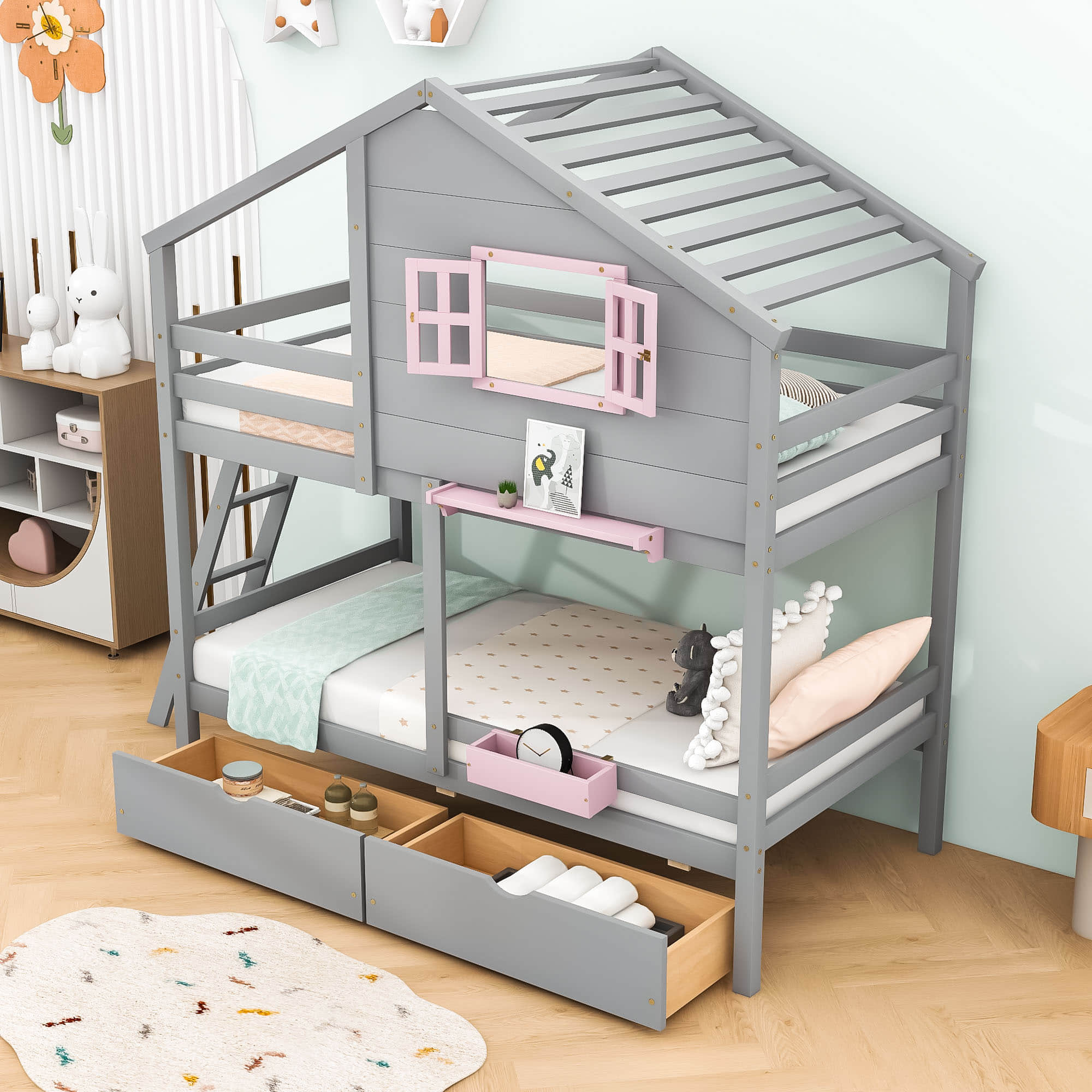 Wood Twin Over Twin Kids House Bunk Beds with Storage - [Drawers, Shelf]