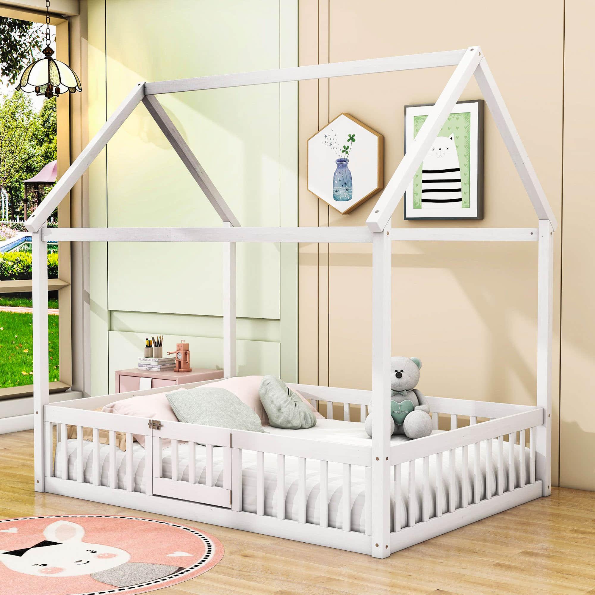 Full Size Wood House Toddler Floor Bed with Rails and Door