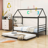 Metal Twin House Bed Frame with Twin Trundle Bed and Headboard