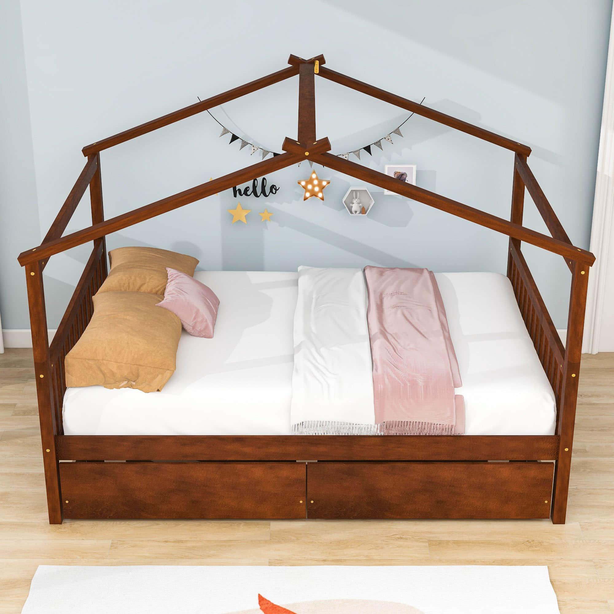 Wooden Full Size House Bed with Storage Drawers for Kids