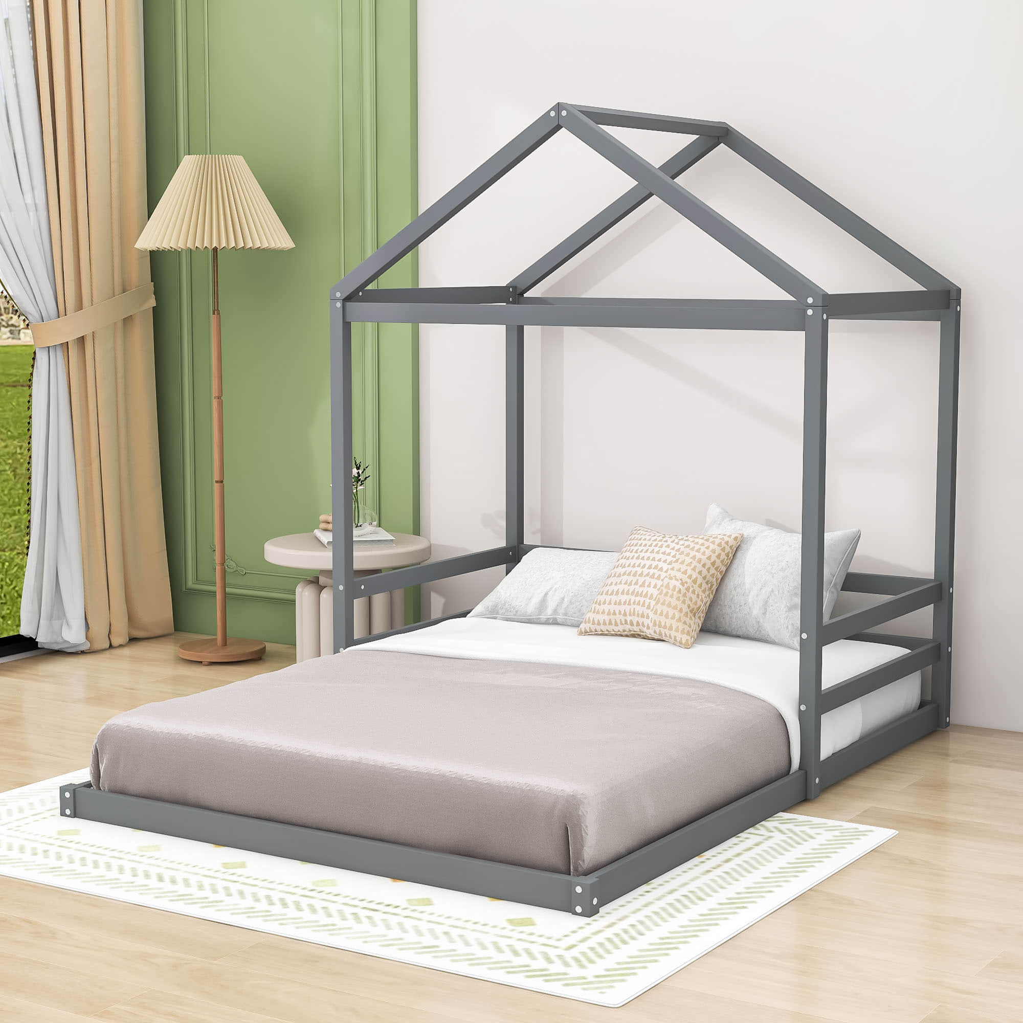 Wood House-Shaped Full Size Toddler Floor Bed with Rails